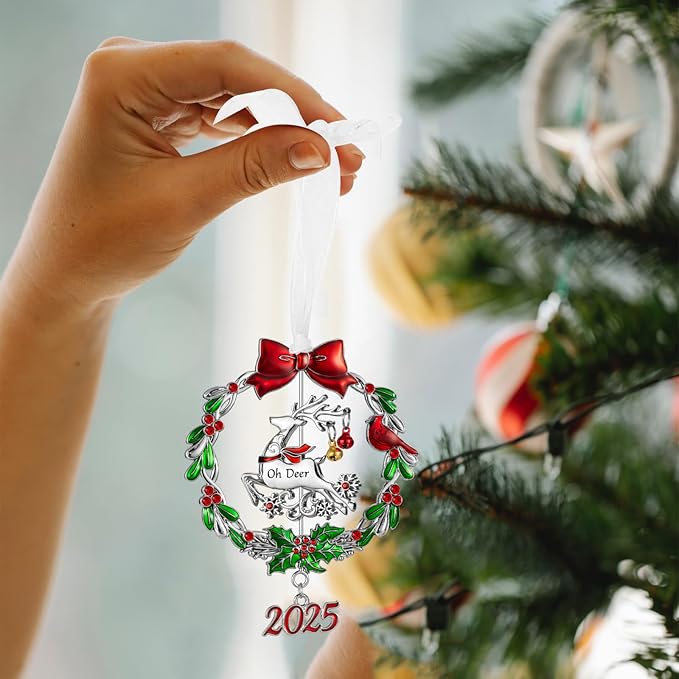 Christmas Tree Ornament Metal Silver Hanging Rotatable Design Charm Holiday Decorative Pendant Gift Keepsake (2025, 3 Piece Set)