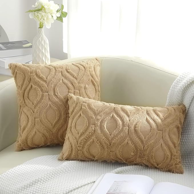 decorUhome Throw Pillow Covers 26x26 Inch Set of 2, Soft Plush Faux Wool Khaki Solid Couch Pillow Covers, Accent Farmhouse Neutral Square Pillow Cases for Sofa Bed Living Room