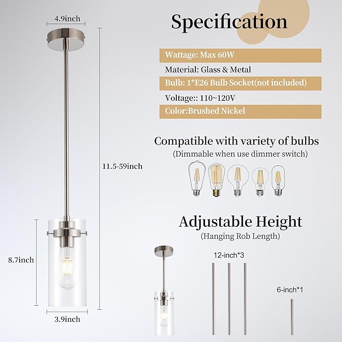 Pendant Light, Kitchen Lights Ceiling Hanging, Kitchen Light Fixtures Brushed Nickel Finish, Industrial Pendant Lighting for Kitchen Island (1 Pack)