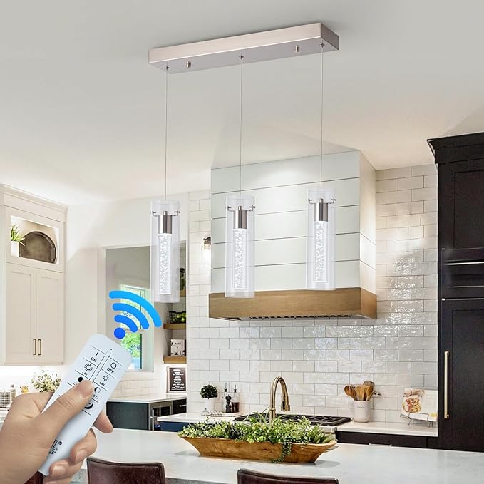 Pendant Lights Kitchen Island with Remote Control, Dimmable Brushed Nickel & Clear Cylinder, Adjustable Height Kitchen Pendant Lights, Island Lights for Kitchen, Modern Lighting Fixture