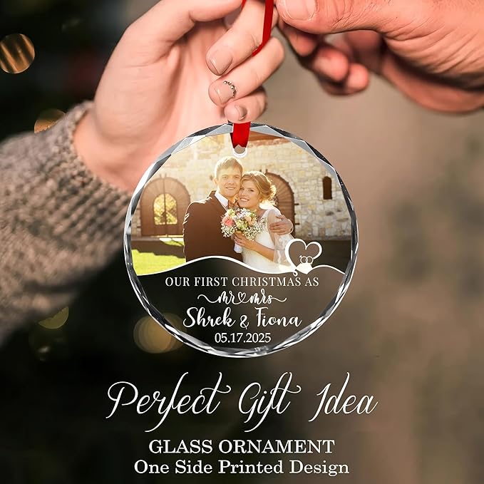 First Christmas Married Ornament 2025 – Custom Mr and Mrs Photo Ornament – Personalized Wedding Gift with Picture Name Date – Couple Glass Keepsake