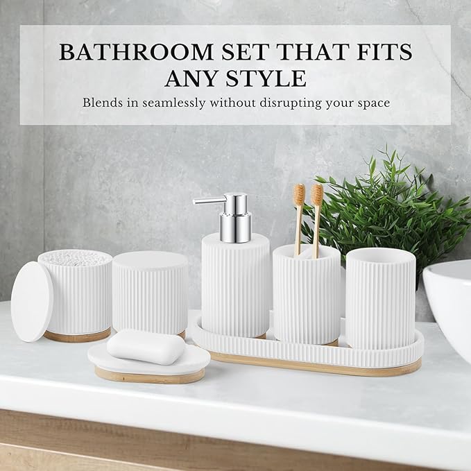 7PCS Bathroom Accessories Set, with Soap Dispenser, Q-tip Holder, Toothbrush Holder, Tumbler, Soap Dish, Vanity Tray, Complete Bathroom Accessory Set Organizer Countertop for Modern Home Decor, White