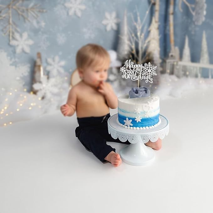 Gyufise 1 Pack Snowflake Happy Birthday Cake Topper Silver Glitter Winter Snowflake Cake Picks Decorations for Winter Snowflake Theme Baby Shower Kids Birthday Party Supplies