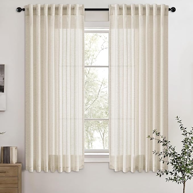 Ivory Linen Blend Short Kitchen Curtains 45 Inch Length 2 Panel Set Semi Sheer Light Filtering Back Tab Rod Pocket Drapes Modern Farmhosue Small Curtains for Cafe Bathroom Living Room 45 Inches Long