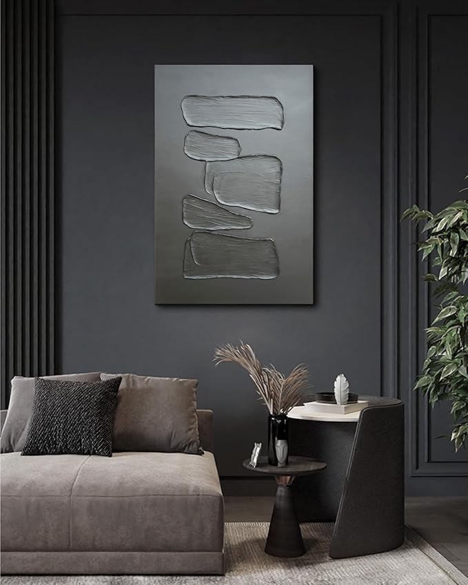 Creespi Hand-Painted Minimalist Black Textured Wall Art 24x36 inch,Modern Abstract Oil Painting On Canvas for Wall Décor