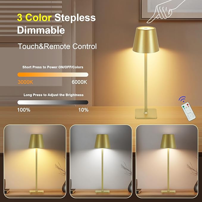 Cordless Table Lamp with Timer, Rechargeable 5200mAh Battery Operated Lamp with Remote, Adjustable Height, 3-Color Stepless Dimming, Small LED Table Lamp for Bedroom Dining Office Outdoor(Gold)