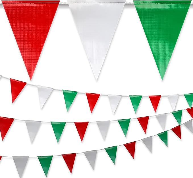 Red & White & Green Pennant Banner Flags | OSHA 500lb Rated | Strand Fade Resistant 【102FT】