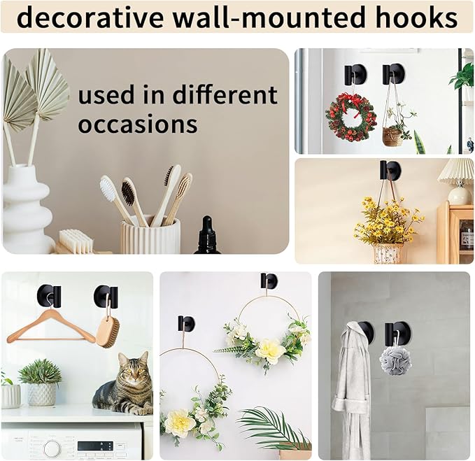 Suction Cup Hooks Bathroom Shower, Stainless Steel Removable and Reusable for Hanging Towels, Coats, Bathrobes, No Drilling Needed, Doesn't Hurt Walls Black 4(Pack)