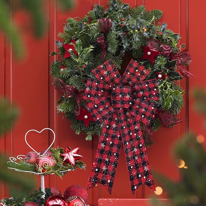 2pcs Christmas Wreath Bows Christmas Bows Snowflake Red Black Plaid Burlap Bows for Wreaths, Christmas Ribbon Bows Tree Topper Bows for New Year Home Indoor Outdoor Decoration Wreath Ornament Supplies