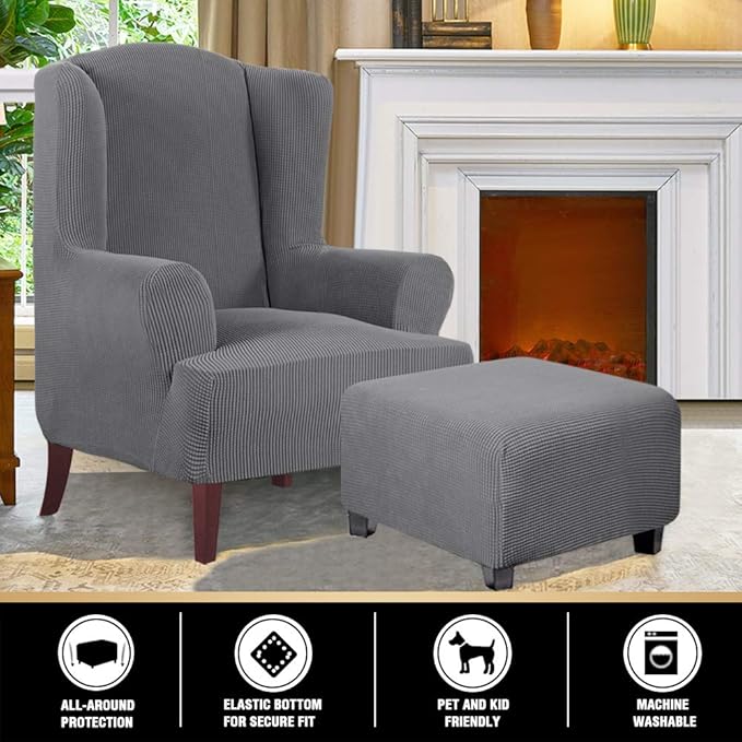 PrinceDeco Stretch Ottoman Cover Ottoman Slipcovers Square for Living Room Foot Stool Stretch Covers to Fit Ottoman Foot Rest, Thick Checked Jacquard Fabric with Elastic Bottom (Medium Size, Grey)