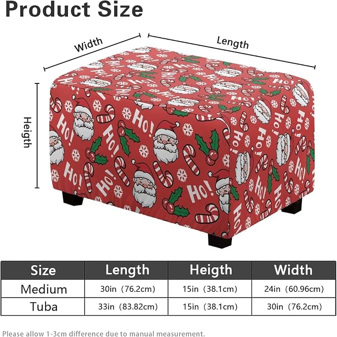 Santa & Candy Cane Christmas Ottoman Cover - Removable, Machine Washable Stretch Slipcover for Rectangular Storage Ottomans, Festive Decor