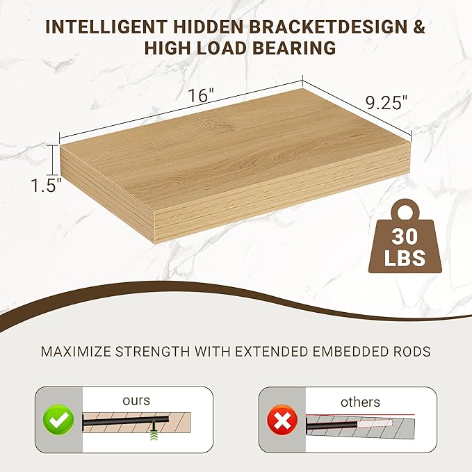 16 Inch Floating Shelves, 3D Textured Wood Grain, 16"x9.25"x1.5" Inch Deep Floating Shelves for Wall, Wooden Shelves for Bathroom, Bedroom, Living Room, Natural, 2 Pieces
