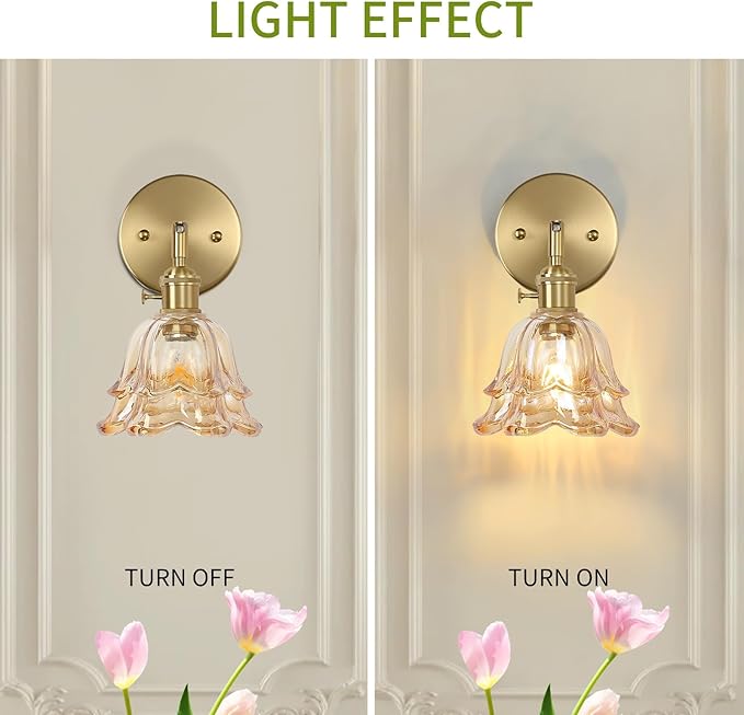Vintage Wall Sconces, Rose Amber Lampshade & 180 Degree Adjustable, Brass Wall Lights, for Bedroom Living Room Hallway Aisle, Bulbs Not Included, ETL Listed