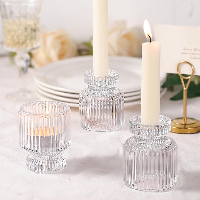 6 Pcs Clear Glass Candlestick Holders with Vertical Stripes - Dual-Use for Taper Candles & Votive/Tea Lights, Taper Candle Holders for Dining Table, Wedding, Home, Party Decor, Gifts