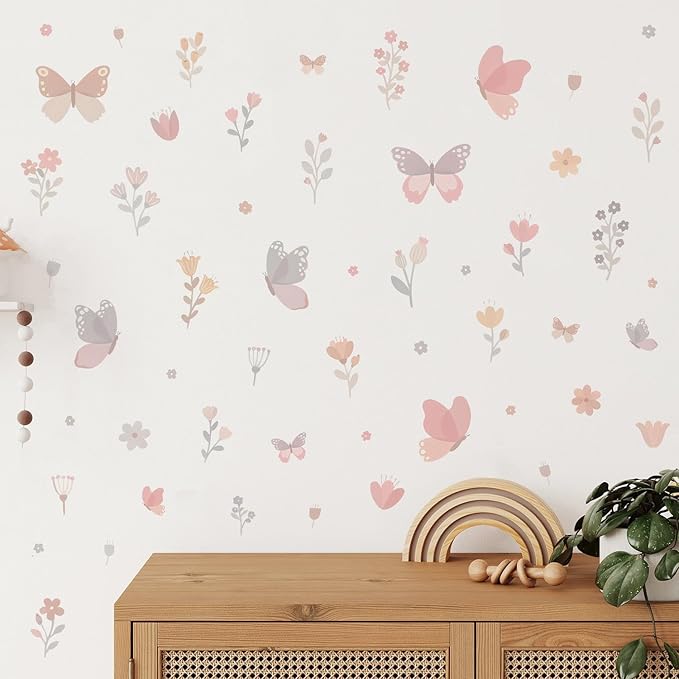 Watercolor Butterfly and Flower Wall Decals Peel and Stick- 53 PCS Removable Wildflower Stickers for Girls Room, Nursery, Bedroom Decor, Easy Peel and Stick Wall Art
