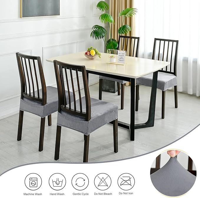 Dining Chair Seat Covers, Stretch Velvet Chair Seat Slipcovers Protector, Removable Washable Kitchen Chair Covers for Dining Room Chairs (Set of 2, Light Grey)