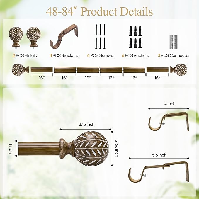 Boho Wooden Curtain Rods for Windows 48 to 84 Inches(4-7 ft), Adjustable Heavy-Duty 1" Diameter Drapery Rod with Imitation Wood-Grain Leaf-Pattern Finials - for Living Room & Bedroom，36-88''