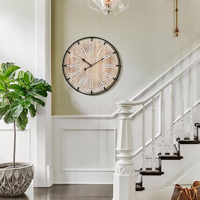 MODE HOME Large Farmhouse Wall Clock, 24 Inch Rustic Wooden Wall Clock Decorative with Metal Circle and Engraved Numerals, Silent Battery Operated for Kitchen Bedroom Living Room Fireplace Mantel