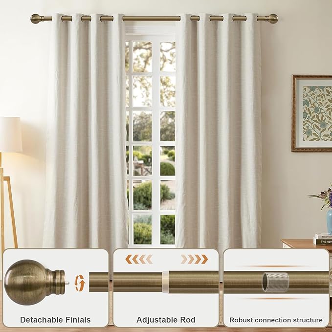 Antique Bronze Curtain Rods for Windows 28 to 48 Inch 1" Diameter Adjustable Heavy Duty Brass Window Curtain Rod with Metal Finials for Living Room Bedroom Farmhouse Kitchen Outdoor