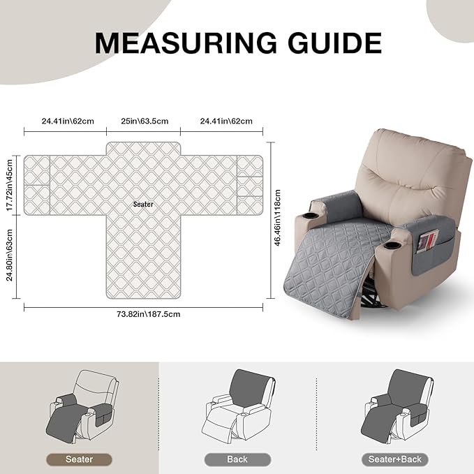 VANSOFY Recliner Chair Covers 100% Waterproof Seat Cover with Arm Reclining Cover Non-Slip Recliner Chair Covers Furniture Protector Washable Slipcover with Pocket for Pets, Dogs(Light Gray, 25")