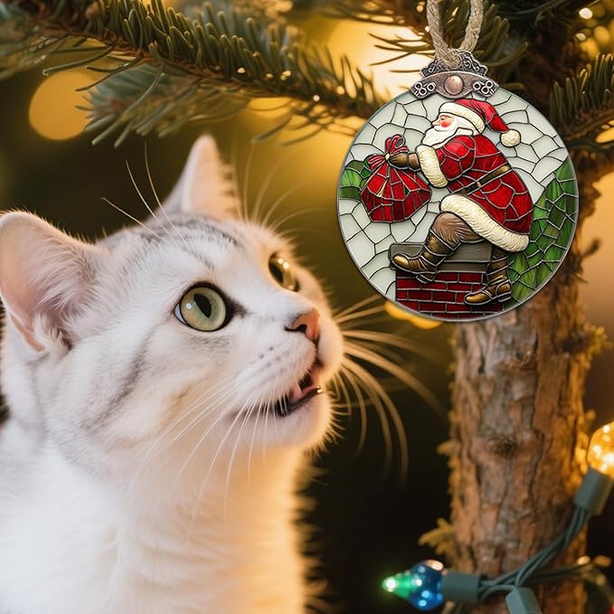 Stained Glass Christmas Decorations, Santa Claus Climbing The Chimney Suncatcher for Window Christmas Tree Hanging Ornaments Sun Catcher Xmas Decor Gifts for Women Men Mom Nana Friend