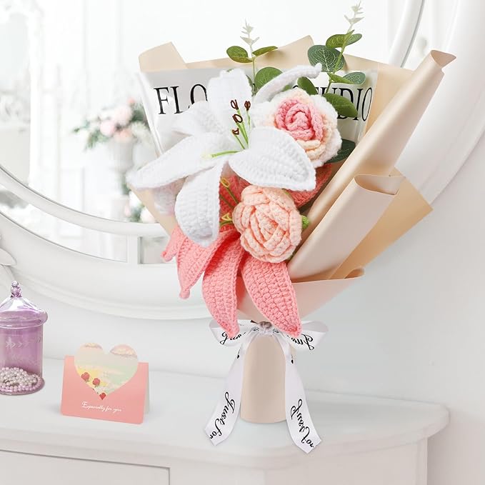 Crochet Flowers Crochet Flower Bouquet with Greeting Card Finished Crocheted Flowers Handmade Roses & Lily Bouquet for Mother's Day Valentines Day Birthday Graduation Gift Home Decor (Sakura Pink)