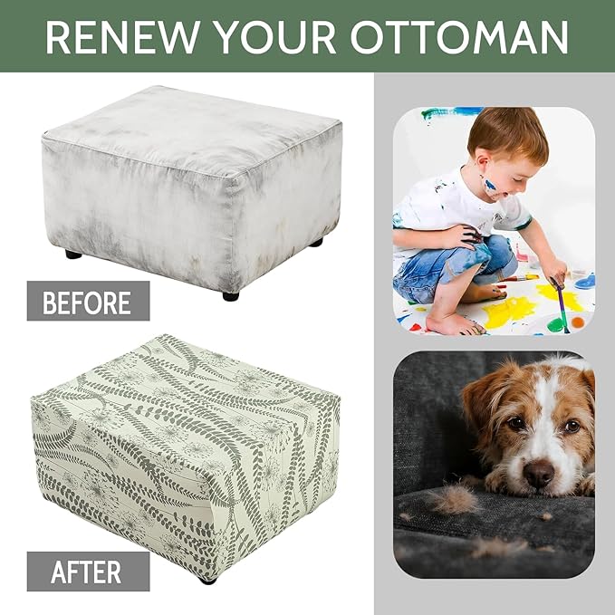 HAOYONG Ottoman Cover Square, Stretch Ottoman Slipcover Printed, SoftFoot Stool Cover Protector with Nonslip Elastic Bottom Removable Washable