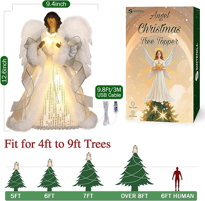 12.5" Black Angel Christmas Tree Topper with Lights, Lighted Angel Tree Topper with White Feather Wings and Star Light, Remote Control, Timer & USB Powered for Holiday Party Decor