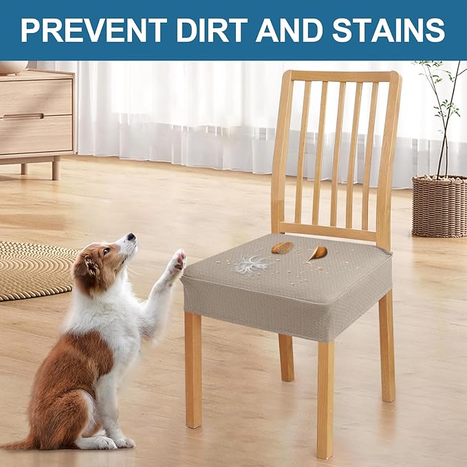 Smiry Waterproof Seat Covers for Dining Room Chairs Set of 8, Stretch Jacquard Removable Washable Chair Seat Slipcovers Protector, No Rear Covers, Taupe