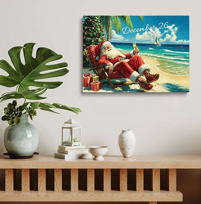 Santa Claus Wall Art - Tropical Christmas Scene, Relaxing Santa on Beach, 24x36 Inch Framed Art for Home, Office, Bedroom