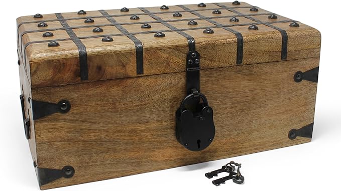 Nautical Cove Treasure Chest Wooden Box with Antique Iron Lock and Skeleton Key (X-Large 17x10x7.5) - Storage and Decor – Pirate Wooden Treasure Chest, Decorative Box with Hinged Lid,
