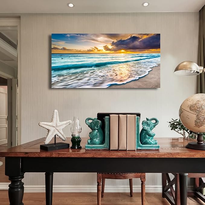 Beach Canvas Wall Art Seascape Theme Pictures Home Decor Blue Ocean White Wave Sunset Prints Paintings for Living Room Bathroom Bedroom Kitchen Office Decorations Natural Landscape Artwork 24x48inches