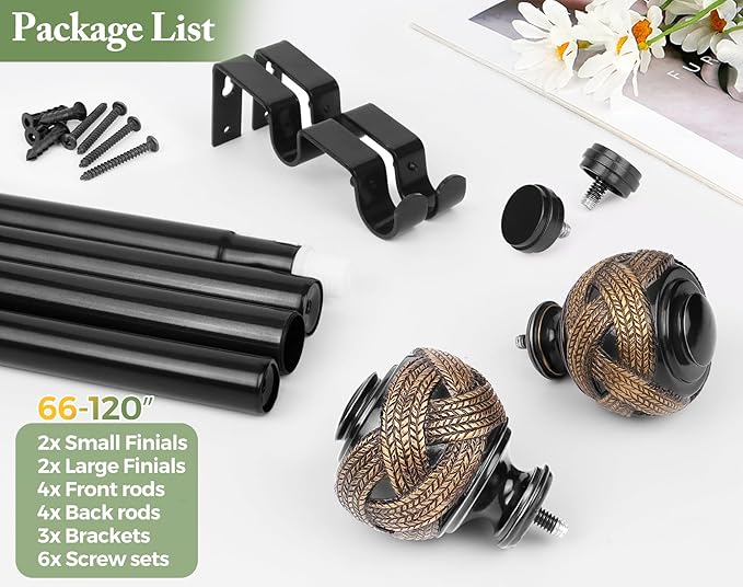 1 Inch Double Curtain Rods 66 to 120 Inches (5.5-10ft), USFOOK Black Drapery Rods for Windows 69 to 111 Inches, Telescoping Dual Curtain Rod with Woven Leaf Finials
