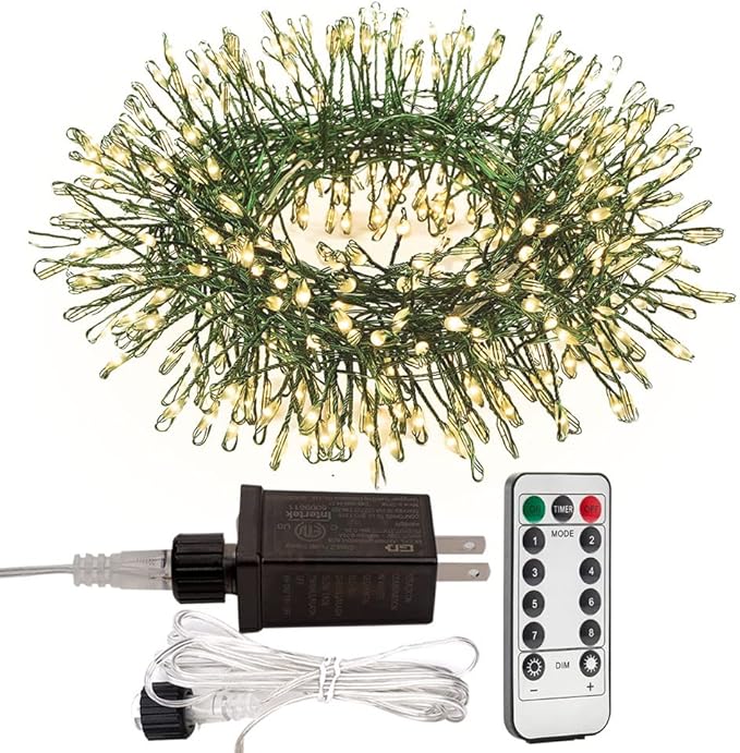 Firecracker Fairy Lights Plug in,20ft 200LEDs Green Wire Cluster String Lights,Waterproof 8 Modes Remote Twinkle Light for Outdoor Indoor Garden Bedroom Christmas Tree Holiday,Warm White