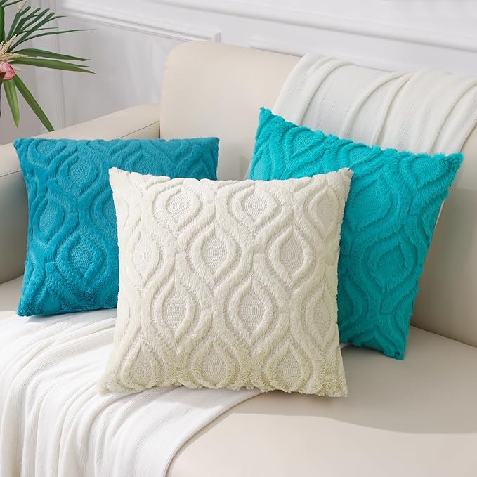 decorUhome Throw Pillow Covers 20x20 Inch Set of 2, Soft Plush Faux Wool Turquoise Solid Couch Pillow Covers, Accent Farmhouse Neutral Square Pillow Cases for Sofa Bed Living Room