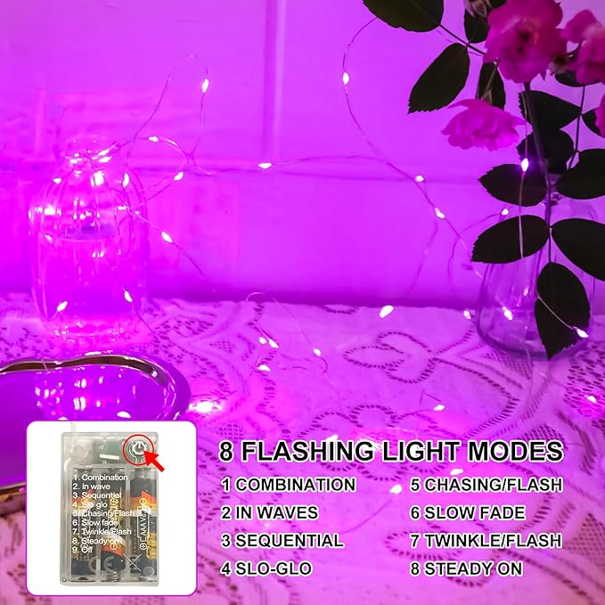 Pink Fairy Lights Battery Operated (Included), 8 Modes & Auto Timer, 4 Packs 5m 50Led Mini Twinkle Silver Wire Firefly Starry Lights, Waterproof Battery Operated Lights for Mason Jars Parties
