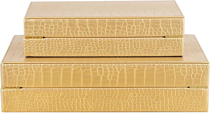 HofferRuffer Faux Leather Decorative Boxes Set of 2, Large Nesting Keepsake Box Accessory Organizer Jewelry Organizer with Hinged Lid, Stacking Storage Box Container for Home or Office (Gold)