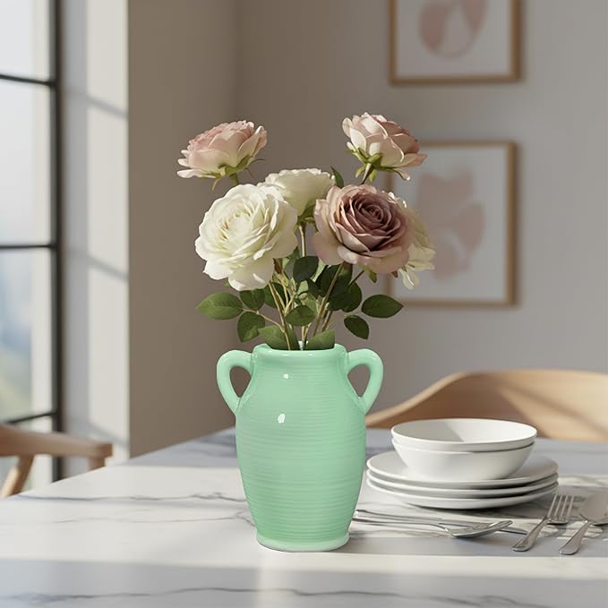 Sunddo Green Ceramic Flower Vase for Home Decor - 8 Inch Modern Decorative Vase with 2 Handles, Centerpieces, Kitchen, Dining Table, Bathroom, Shelf and Living Room