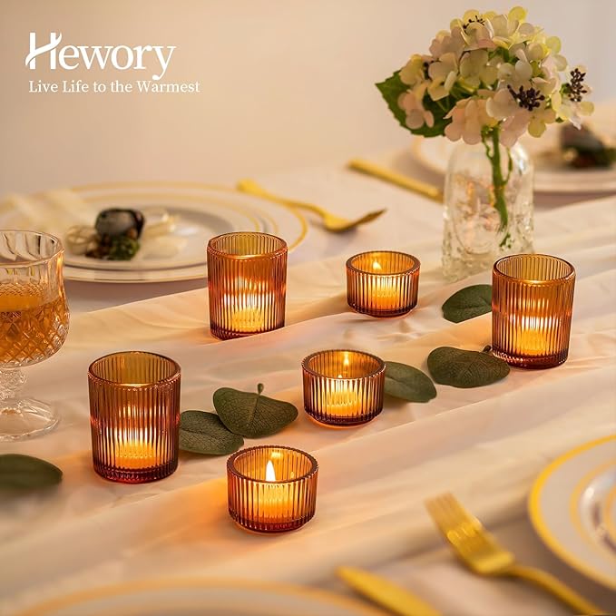 Hewory Glass Tealight Candle Holder: 8 Pcs Amber Votive Candle Holders Tea Lights Candle Holder, Ribbed Tea Light Holders Fall Decorations for Thanksgiving Table Centerpiece Wedding Party Home Decor