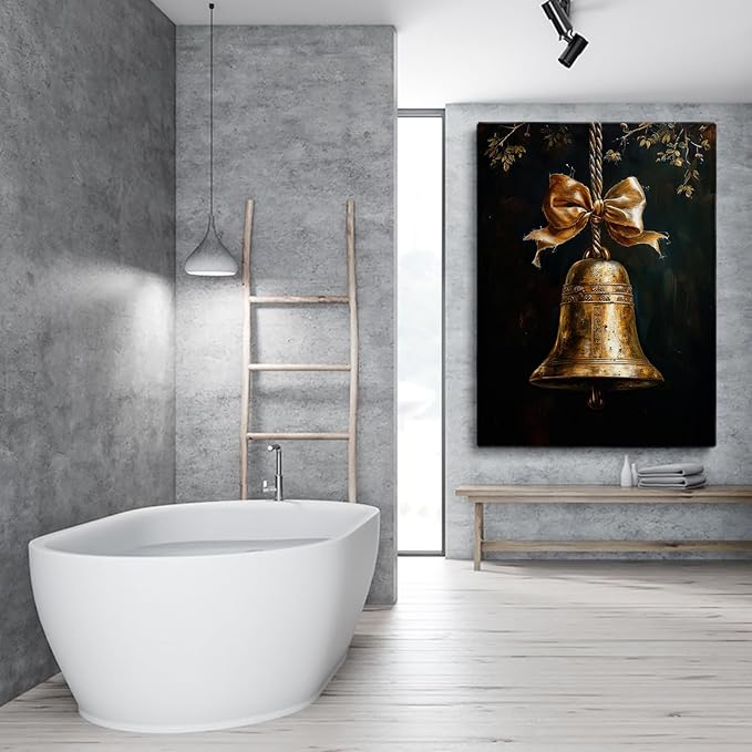 Vintage Christmas Gold Bell Painting, Dark Academia Festive Print, Moody Holiday Wall Art, Cottage Core Xmas Bow Poster, Vertical Print, Unframed 16x24inch