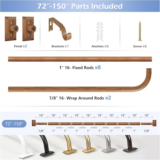 Boho Wrap Around Curtain Rod for Windows 72 to 144Inch:Heavy Duty Blackout Curtain Rod Room Darkening,1"Wood Wraparound Curtains Rods Curved Black Out Adjustable for Bedroom Kitchen（All Matel）