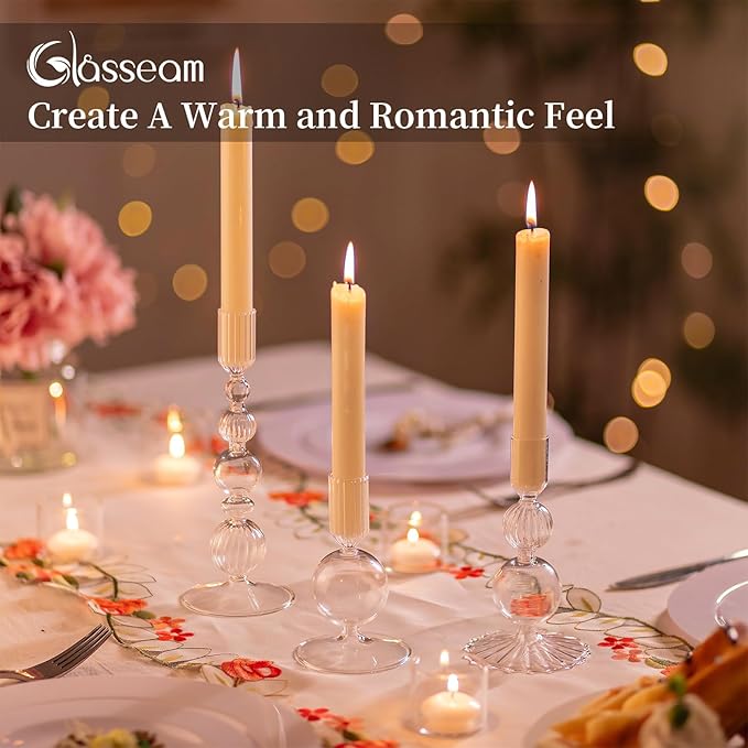 Glasseam Glass Candle Stick Holder: Clear Taper Candle Holders Set of 3 Modern Candlestick Holders for Taper Candles Decorative Candle Holders for Table Centerpiece Wedding Party Christmas Decorations