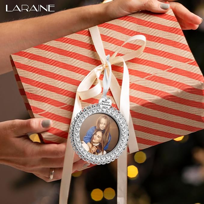 Laraine Christmas Tree Ornaments 3 Pieces – Decorative Hanging 2025 Rhinestones Pendant with Small Picture Frame Insert for Pet Holiday Keepsake Gift (Silver (2025))