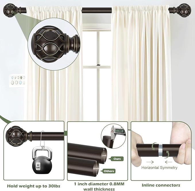 Bronze Curtain Rods for Windows:Farmhouse Boho Decorative Curtain Rod for Bedroom Living Room,Heavy Duty Adjustable Rustic Drapery Rods Set with Vintage Coastal Finials,Antique Bronze 72-144"