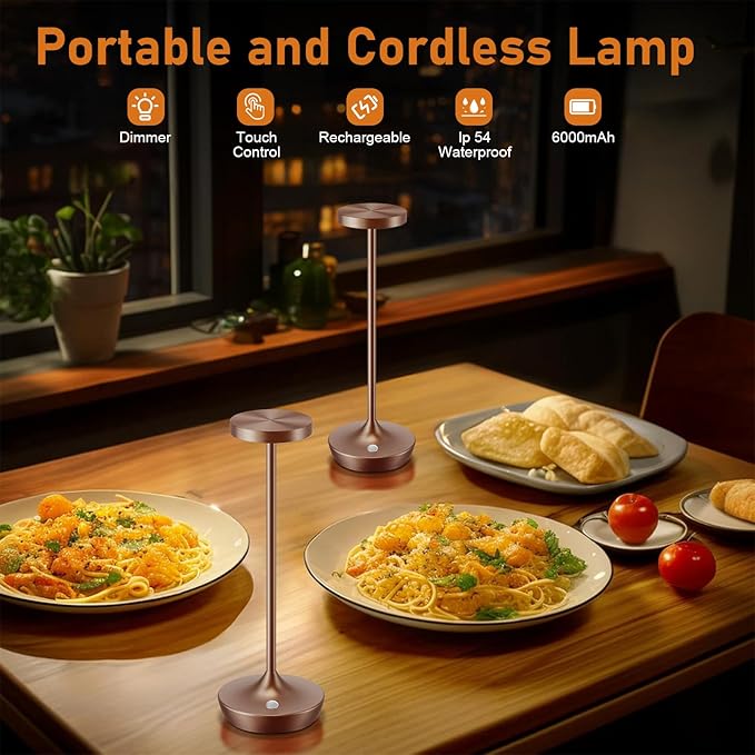 2 Pack LED Cordless Table Lamp Rechargeable，Outdoor Battery Operated Desk Lamp Touch 3 Color Dimming Portable Waterproof Night Light for Patio/Restaurant/Dining/Home (Coffee Brown)