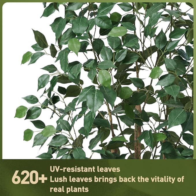 6ft Artificial Ficus Tree,Tall Faux Tree with Silk Leaves & Real Wood Trunk,UV Resistant Potted Fake Plant with Pebbles & Planter-Indoor Outdoor Floor Plant for Home Living Room,VN129