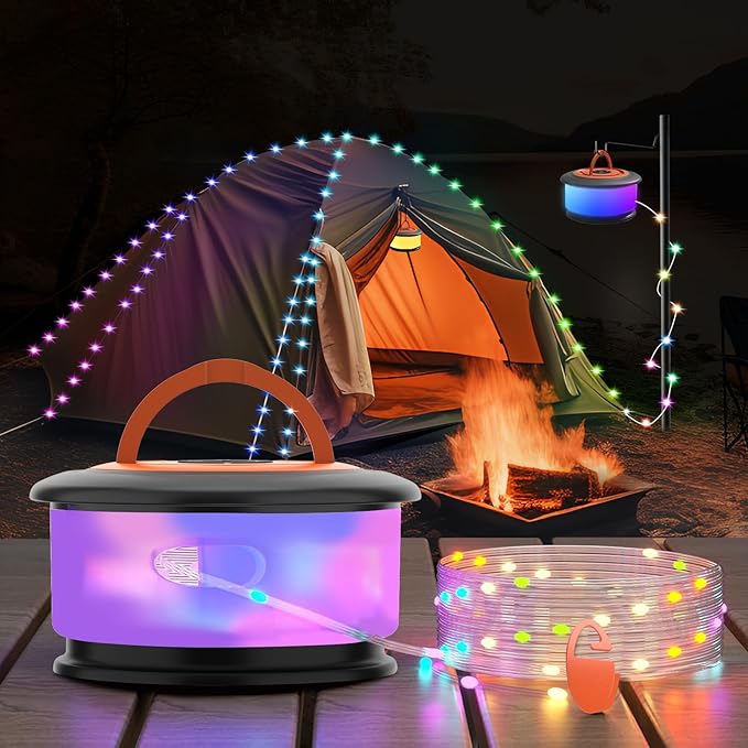 Camping String Lights, Retractable String Lights Camping with 19 Lighting Modes, 32.8 FT Outdoor Rechargeable String Lights, Portable Camping Tent Lights String for Party, Camping, Christmas(Orange)