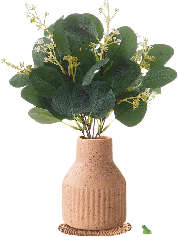 Artificial Eucalyptus Greenery Stems in Ceramic Vase 10Pcs Fake Plants Eucalyptus Leaves for Centerpiece Table Decorations Home Room Decor Office Desk Decor Greenery Decor Indoor (Beige)