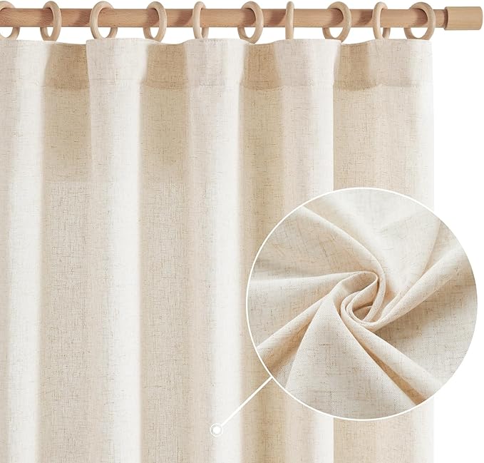 jinchan Linen Curtains 120 Inch Length 2 Panels Set Window Curtains for Living Room Bedroom Extra Long 10 Foot Farmhouse Drapes Aesthetic Decor Light Filtering Drapes, Back Tab Linen Natural, 50Wx120L