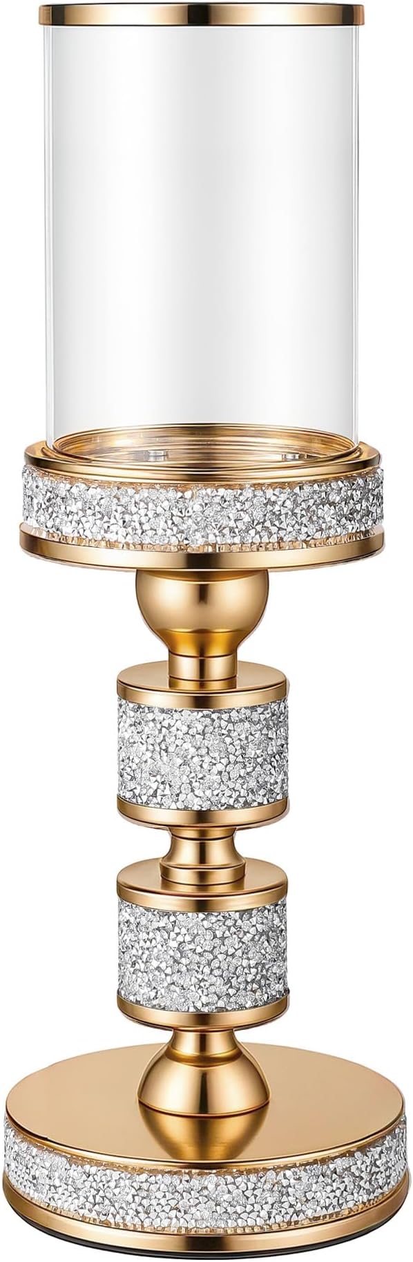 Pillar Candle Holder with Glass Wind Proof, Metal Hurricane Holders, Gold Crystal Candle Stand for Table Centerpieces, Home Decor, Wedding, Dining Table (M, 1PC, for Pillar Candles up to 3"x5")